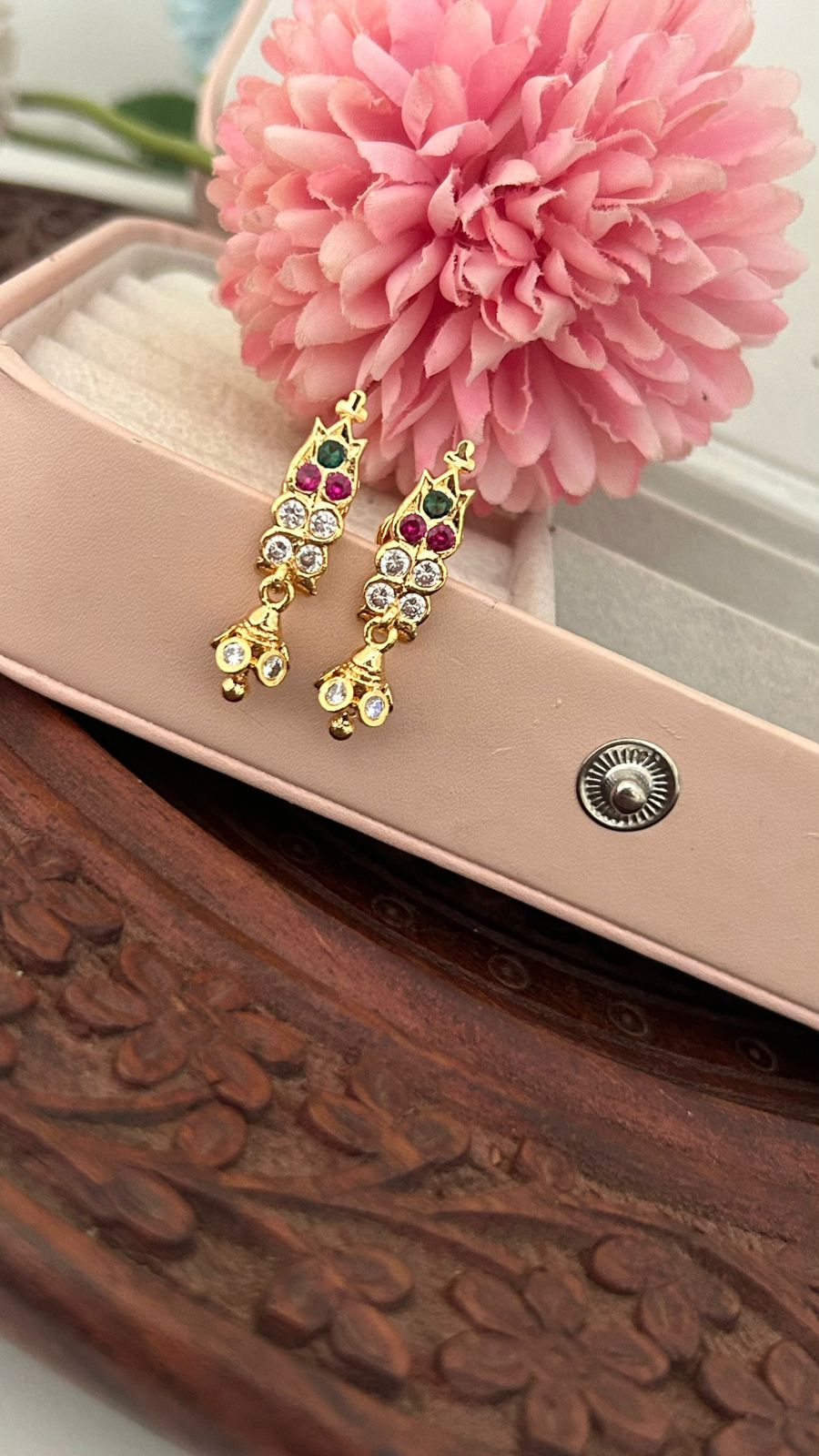 Traditional Panchaloham Jhumka Earrings with Ruby & Emerald Stones – Ethnic Dangler Earrings for Women