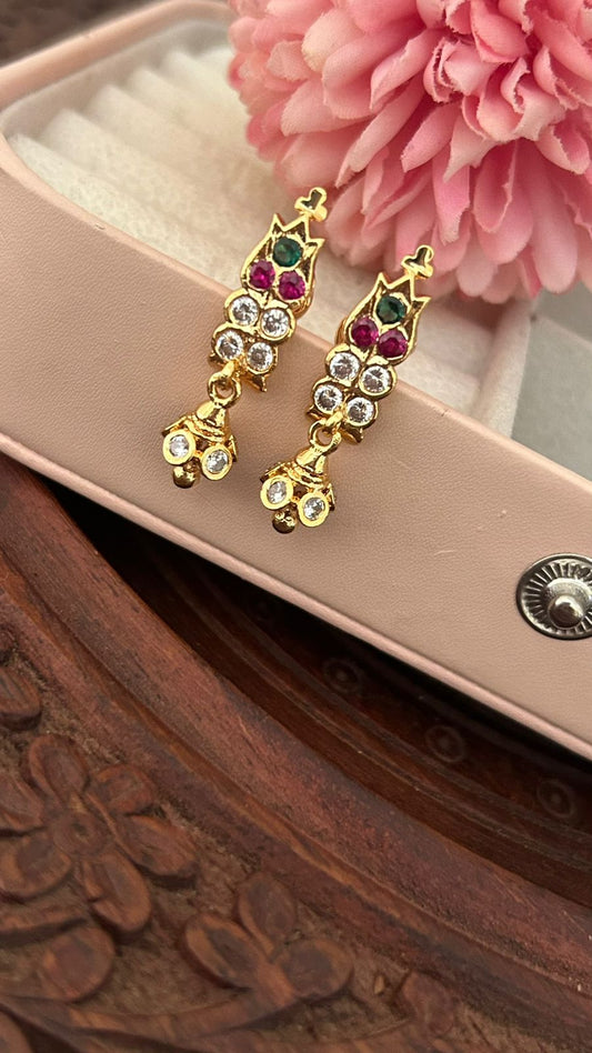 Traditional Panchaloham Jhumka Earrings with Ruby & Emerald Stones – Ethnic Dangler Earrings for Women