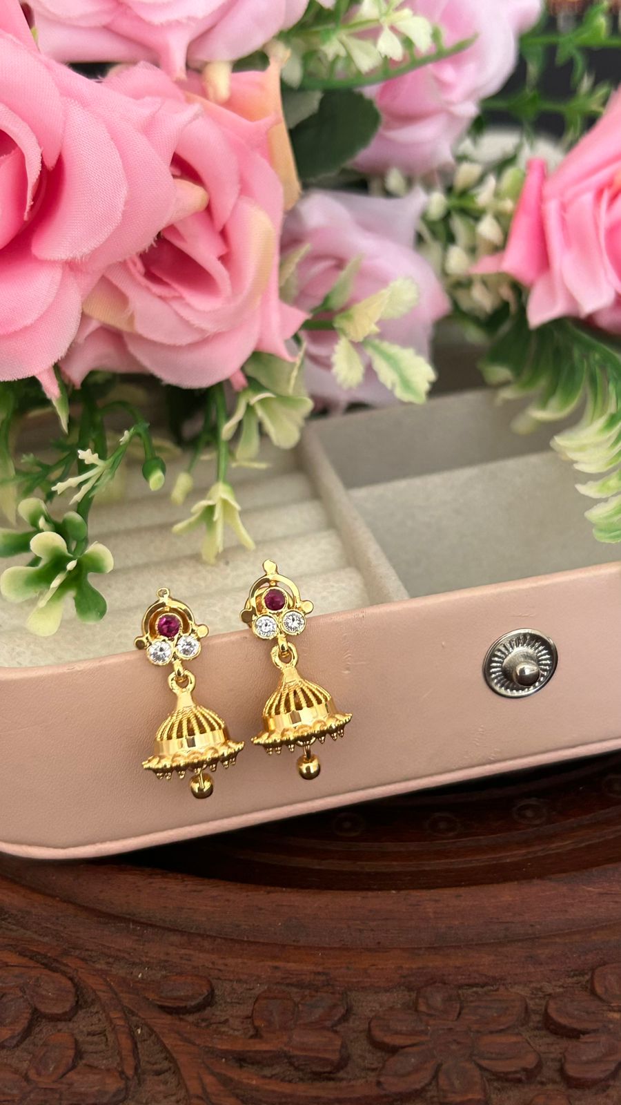 Elegant Panchaloham Ruby & CZ Jhumka Earrings – Traditional Indian Jewelry for Women