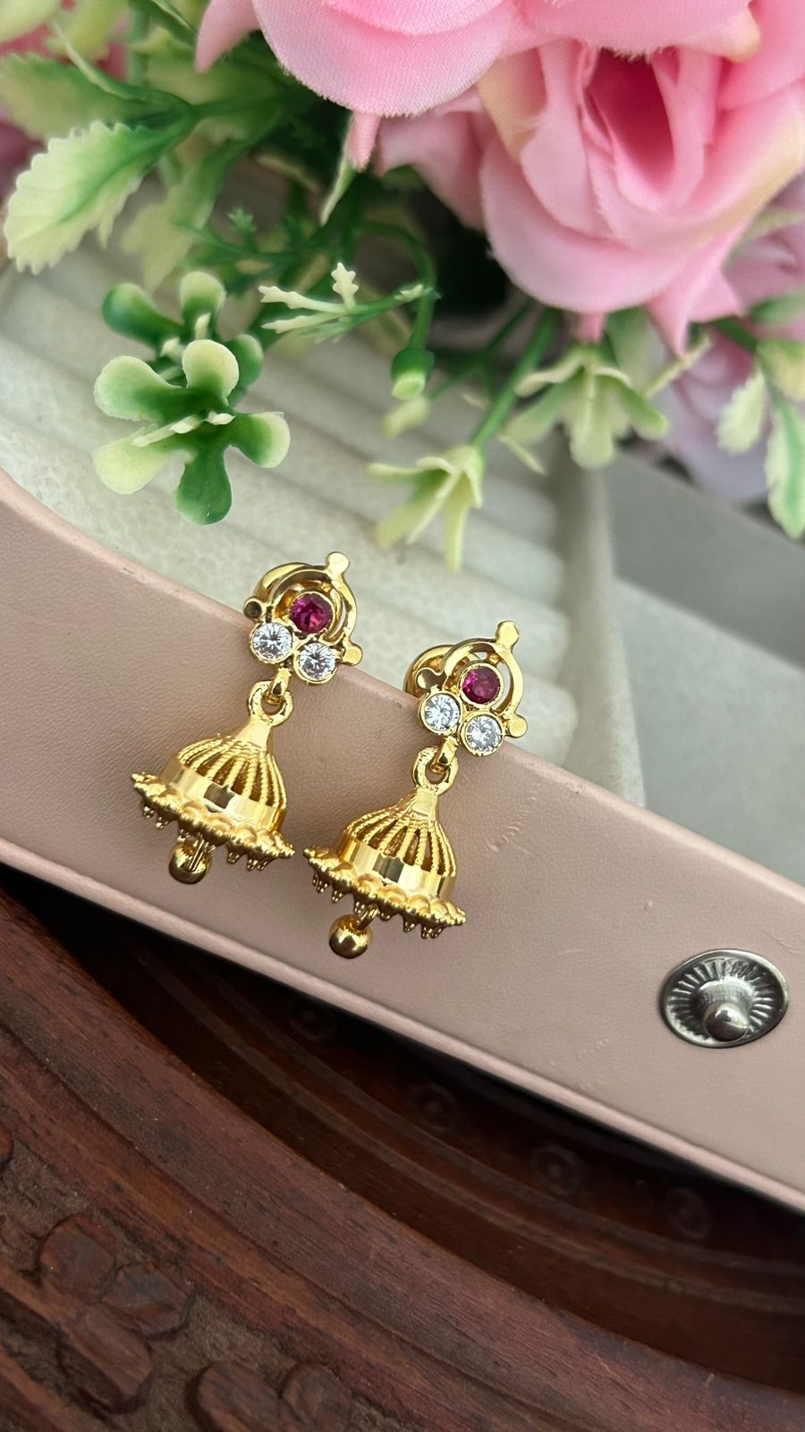 Elegant Panchaloham Ruby & CZ Jhumka Earrings – Traditional Indian Jewelry for Women