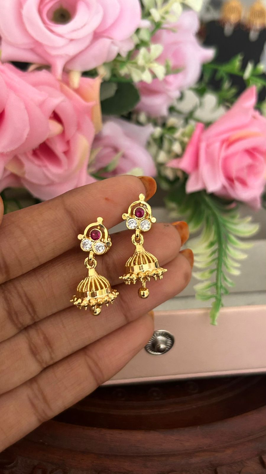 Elegant Panchaloham Ruby & CZ Jhumka Earrings – Traditional Indian Jewelry for Women