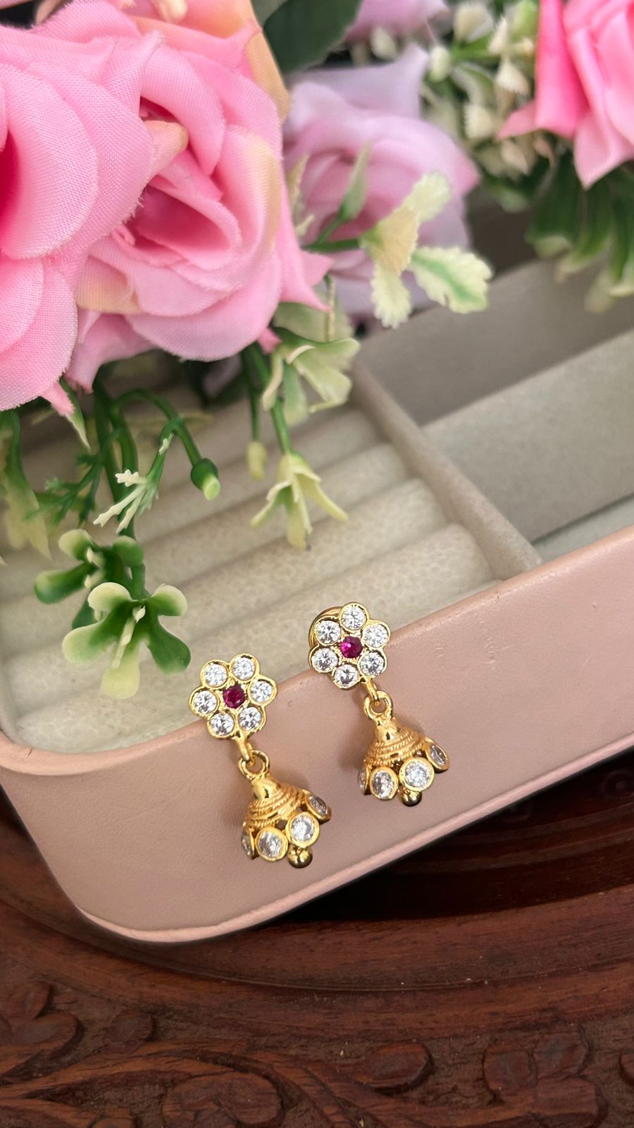 Traditional Panchaloha Floral Jhumka Earrings with Ruby & CZ Stones – South Indian Temple Jewelry