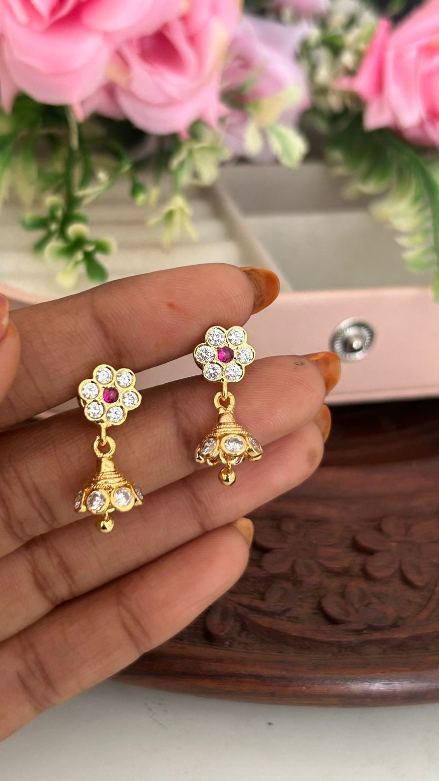 Traditional Panchaloha Floral Jhumka Earrings with Ruby & CZ Stones – South Indian Temple Jewelry