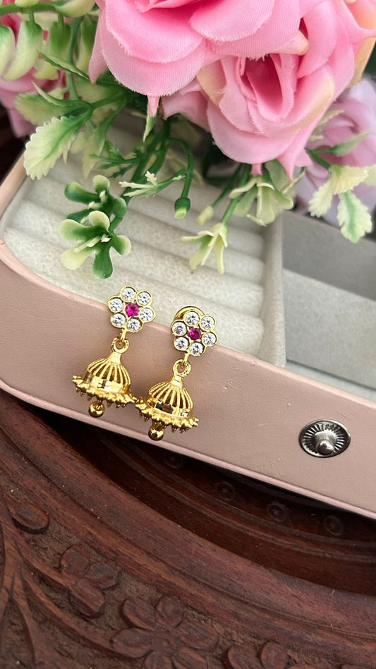 Traditional Panchaloha Floral Jhumka Earrings with Ruby & CZ Stones – Elegant South Indian Design