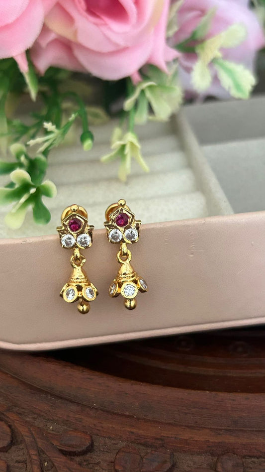 "Traditional Panchaloha Lotus Drop Earrings with Ruby & CZ Stones – Elegant South Indian Temple Jewelry" ki