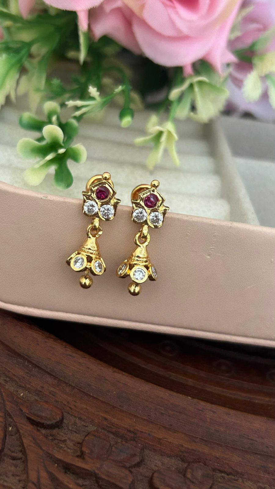 "Traditional Panchaloha Lotus Drop Earrings with Ruby & CZ Stones – Elegant South Indian Temple Jewelry" ki