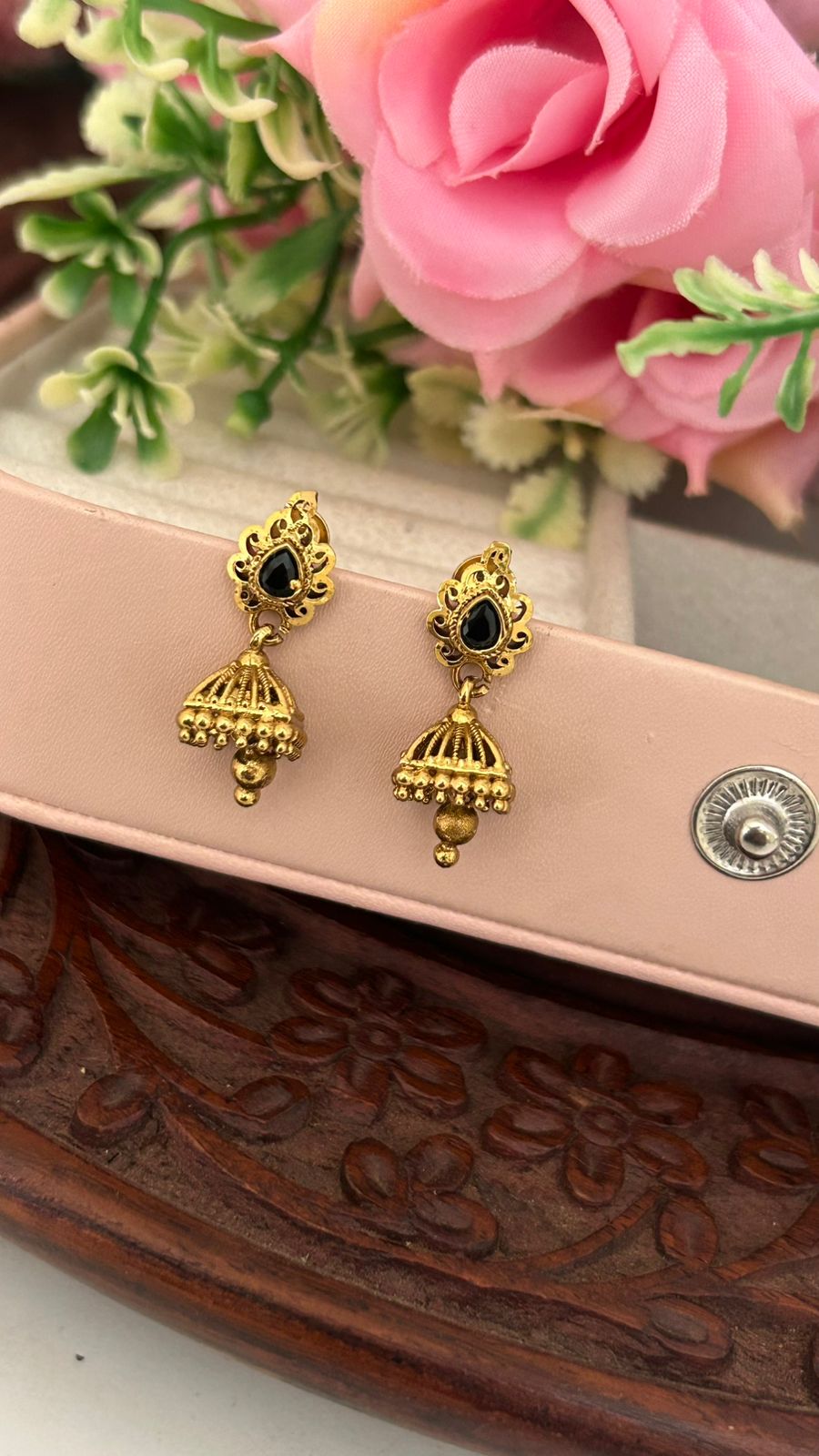 Antique Gold Plated Black Stone Jhumka Earrings – Traditional South Indian Jewelry Design