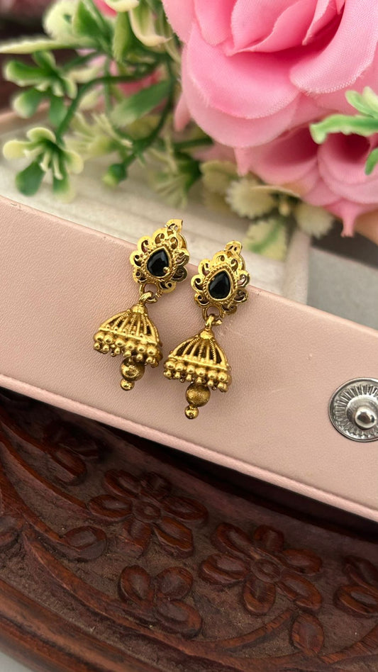 Antique Gold Plated Black Stone Jhumka Earrings – Traditional South Indian Jewelry Design