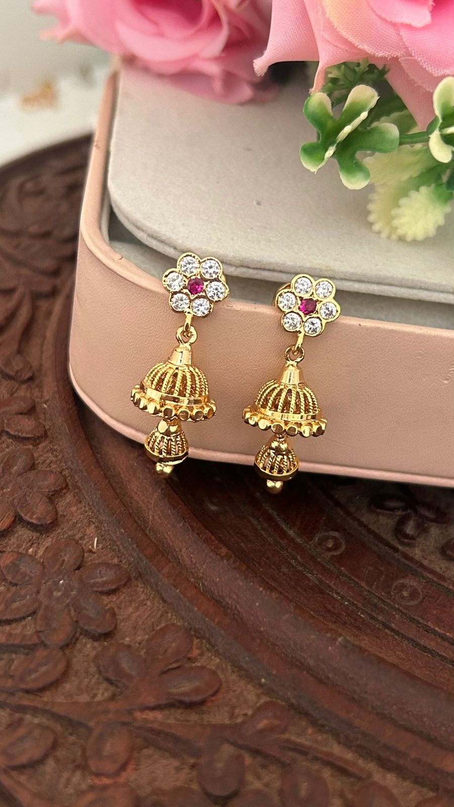 Panchaloham Floral Stone Jhumka Earrings –Traditional Design
