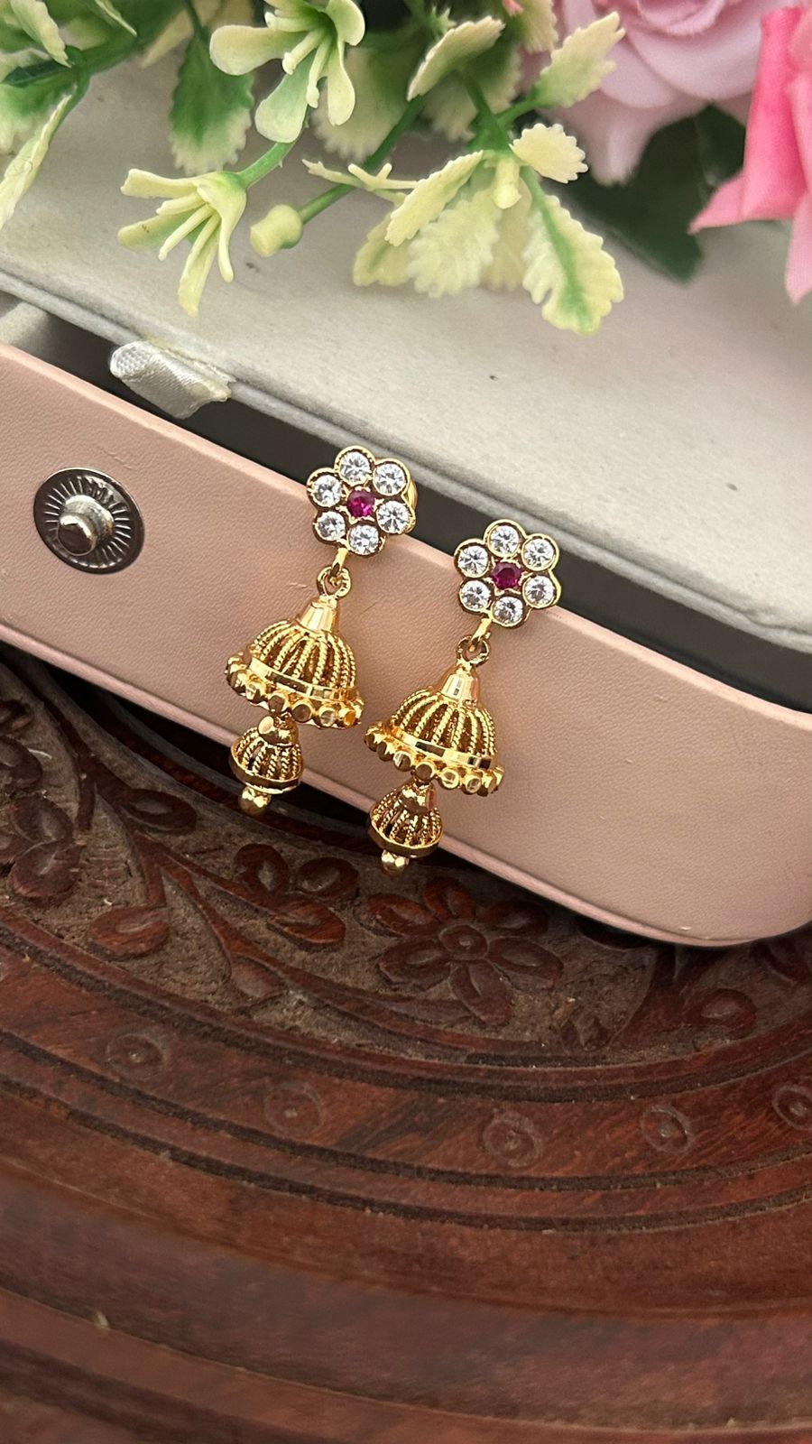 Panchaloham Floral Stone Jhumka Earrings –Traditional Design