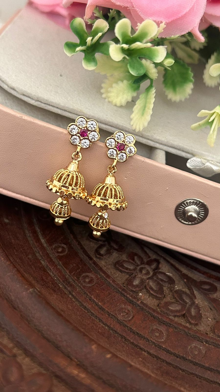 Panchaloham Floral Stone Jhumka Earrings –Traditional Design