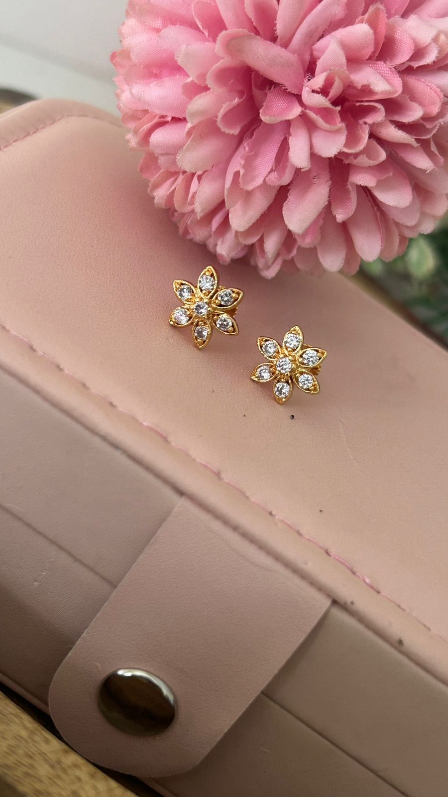 Gold Plated Floral Stud Earrings with Sparkling CZ Stones – Elegant Daily Wear Jewelry