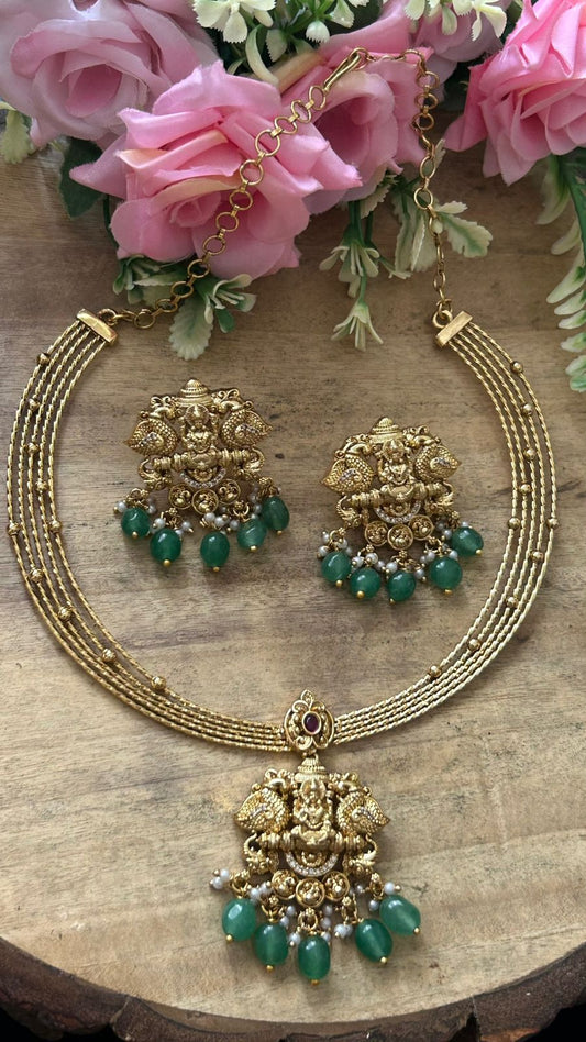 Antique Temple Jewellery Lakshmi Pendant Necklace Set with Green Beads & Earrings