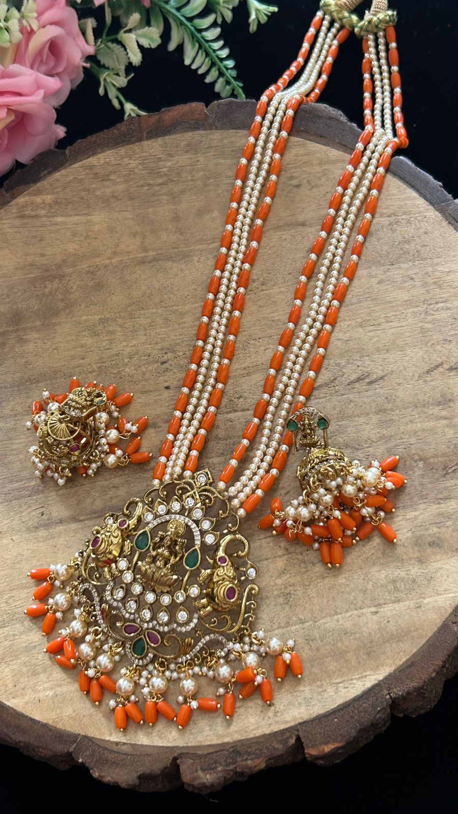 Temple Jewellery Lakshmi Pendant Necklace with Orange Beads, Pearls & Jhumka Earrings