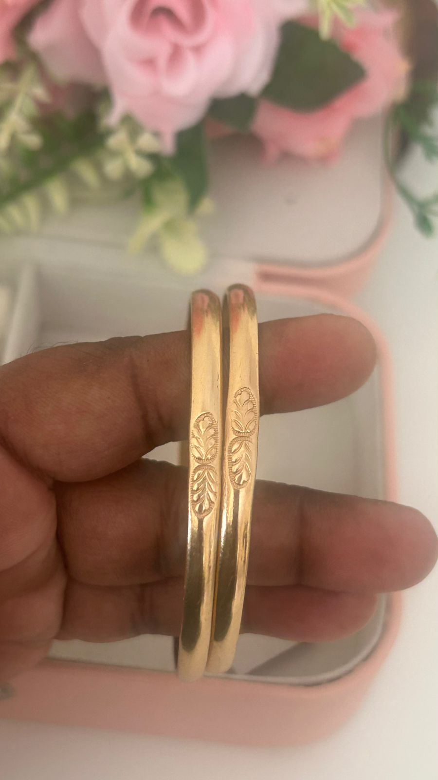 Unpolished Panchaloha Bangles – Pair of 2 |  Leaf Symbol Engraved Design |