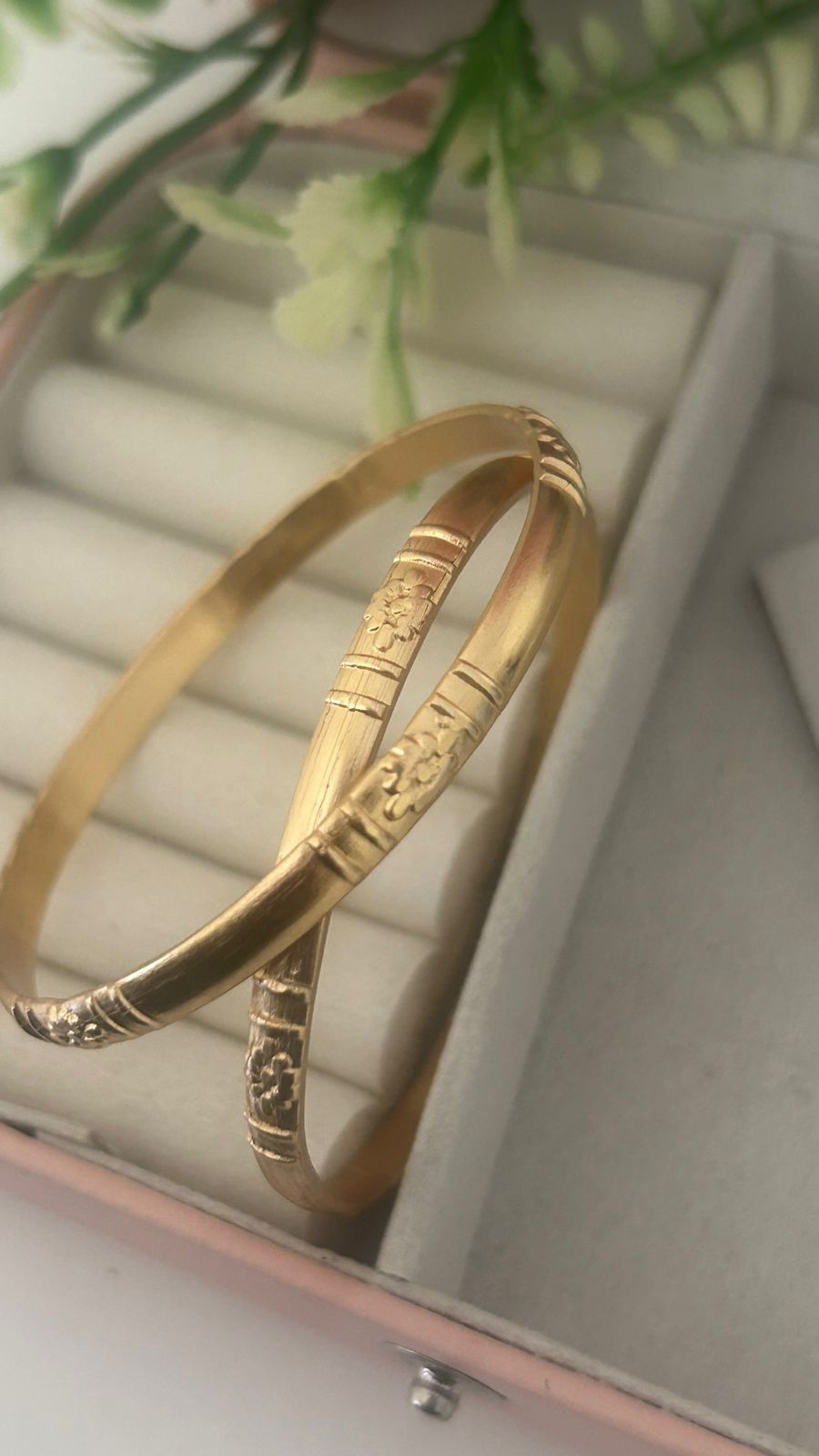 Handcrafted Panchaloha Bangles – Pair of 2 | Floral Motif & Line Pattern | Unpolished Temple Finish