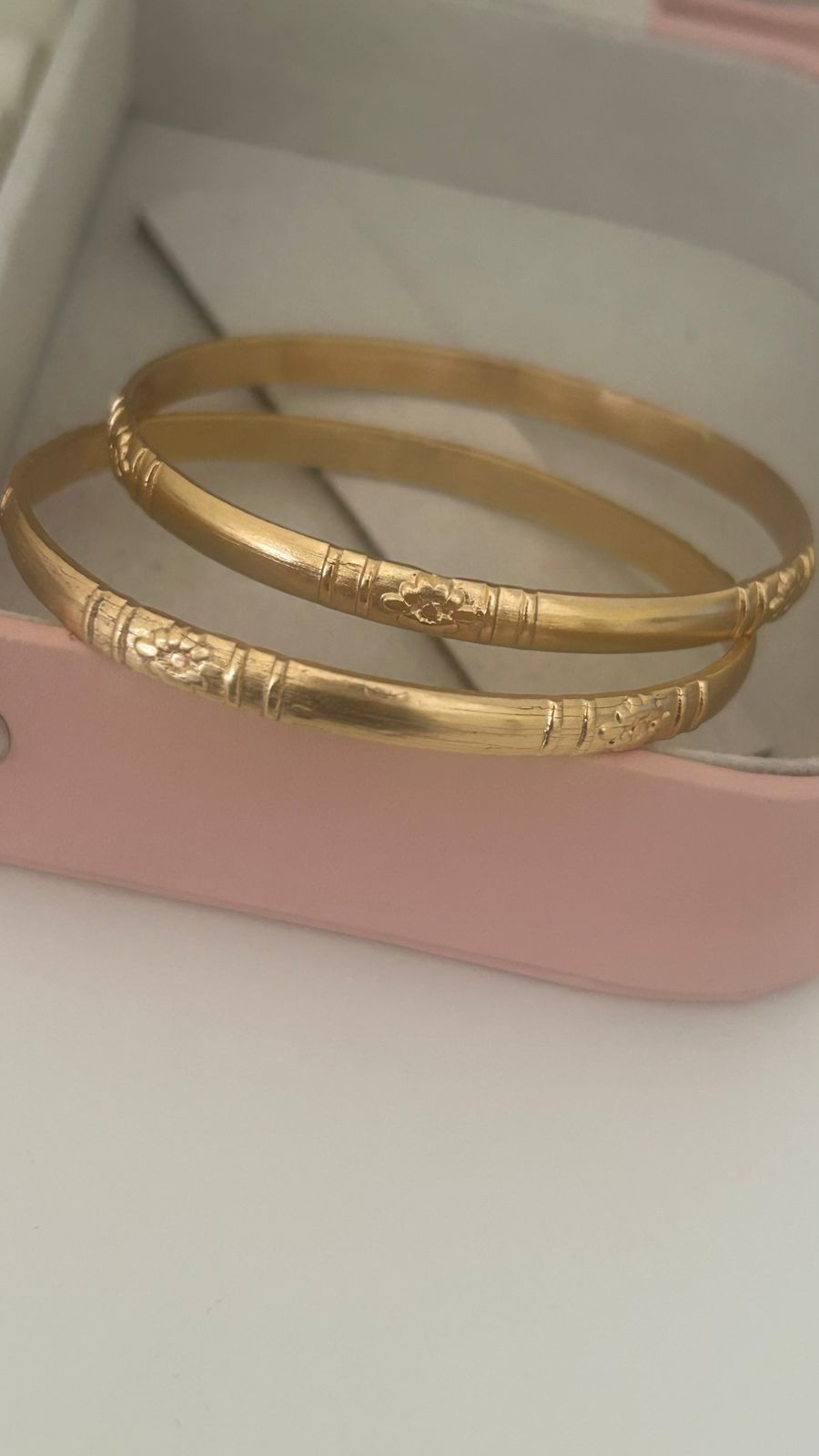 Handcrafted Panchaloha Bangles – Pair of 2 | Floral Motif & Line Pattern | Unpolished Temple Finish