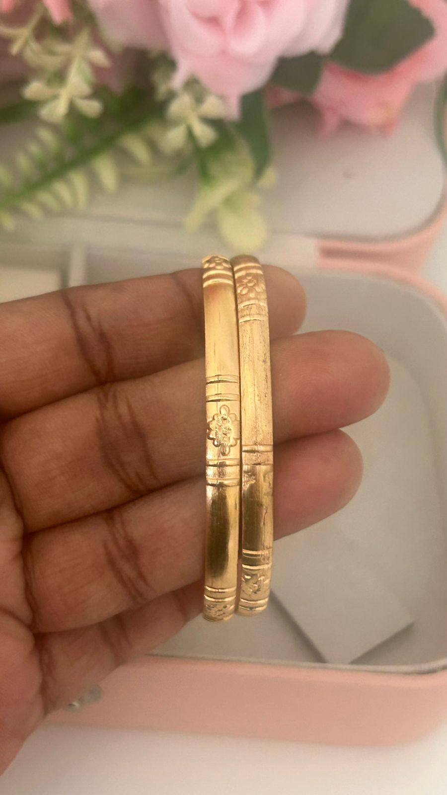 Handcrafted Panchaloha Bangles – Pair of 2 | Floral Motif & Line Pattern | Unpolished Temple Finish