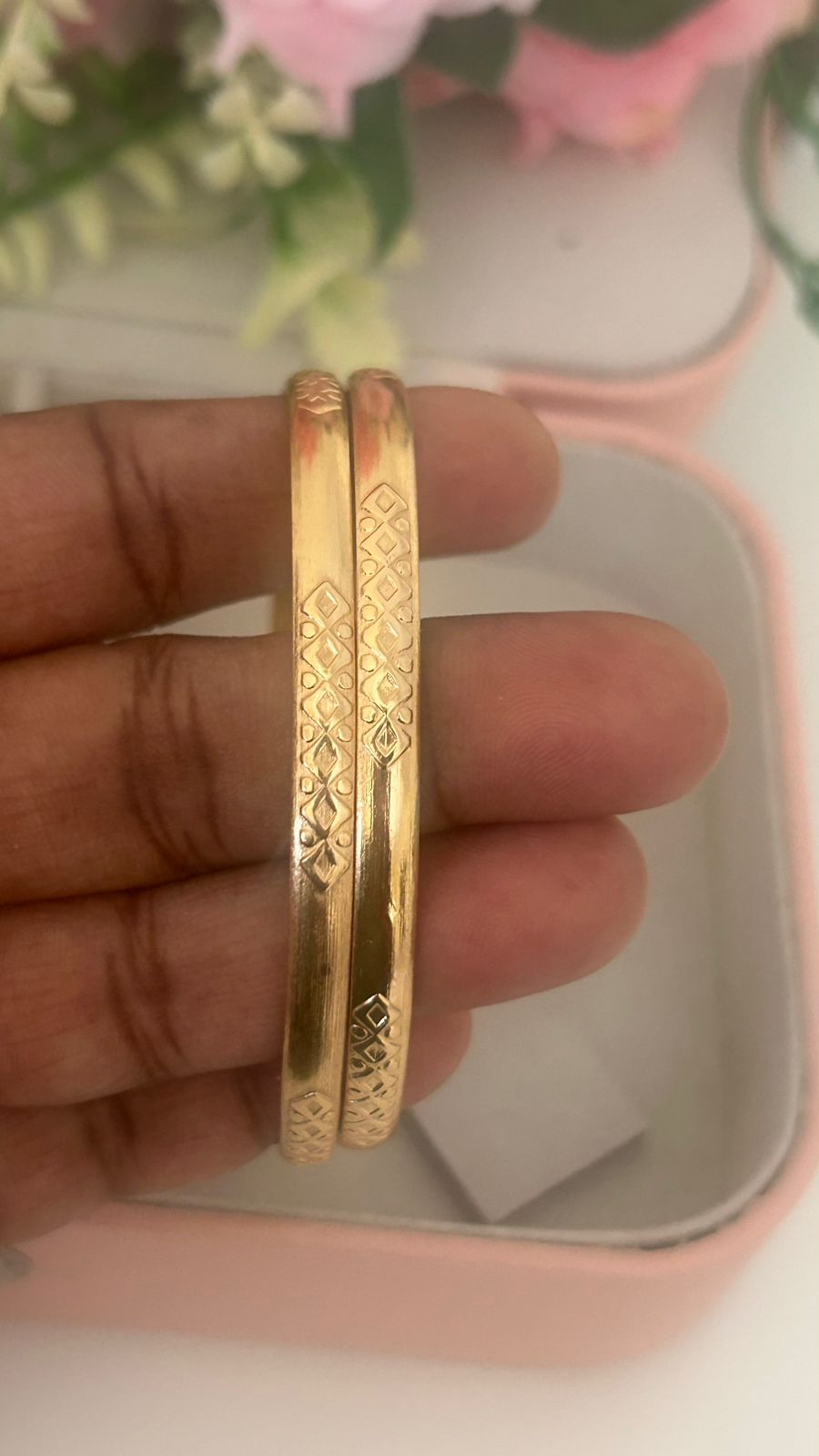 Unpolished Panchaloha Bangles – Pair of 2 | Diamond Pattern Engraved Design | Traditional Matte Finish