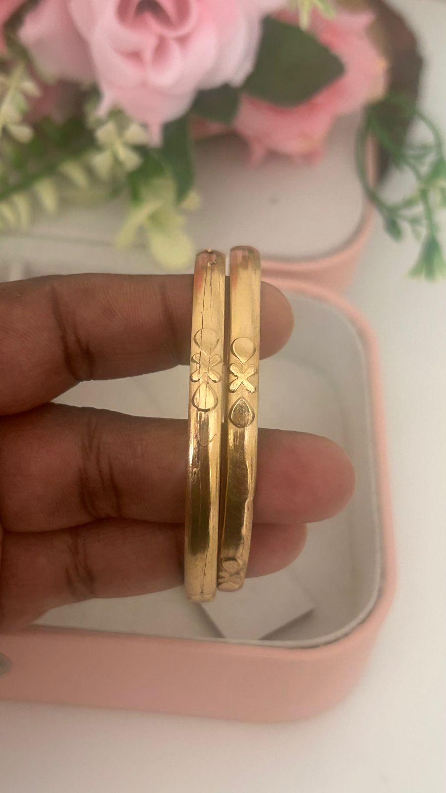 Handcrafted Panchaloha Bangles (Pair of 2) | Faith & Purity Symbol Engraving | Matte Gold Texture