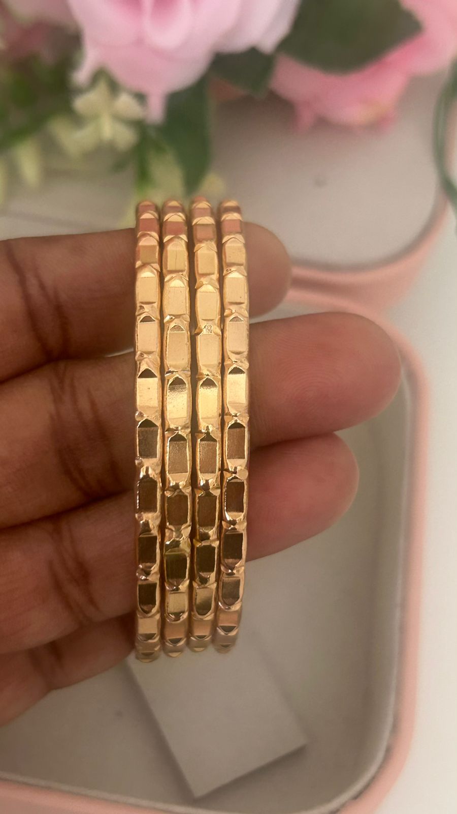 Divine Panchaloha Bangles (Pair of 4) | Strength & Stability Symbol Pattern | Unpolished Temple Finish