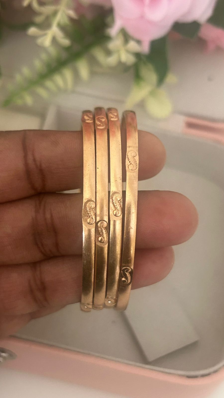 Classic Panchaloha Bangles (Set of 4) | Temple-Inspired Vine Symbol Engraving | Matte Gold Jewelry