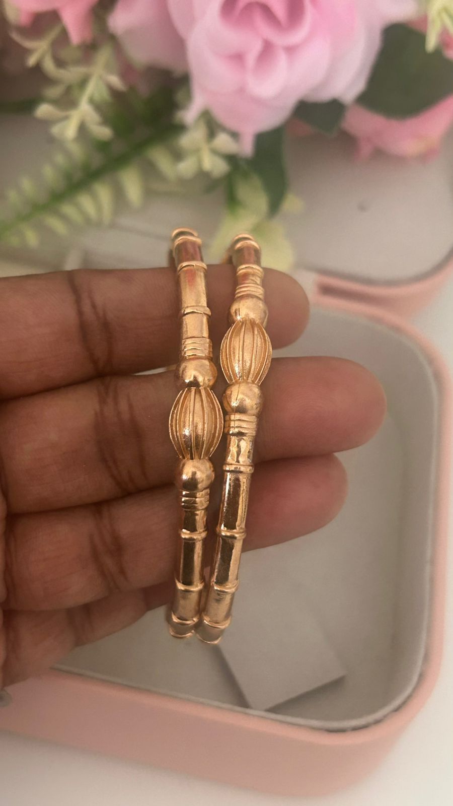 Divine Panchaloha Bangles – Pair of 2 | Ribbed Oval Symbol & Bead Pattern | Unpolished Temple Finish