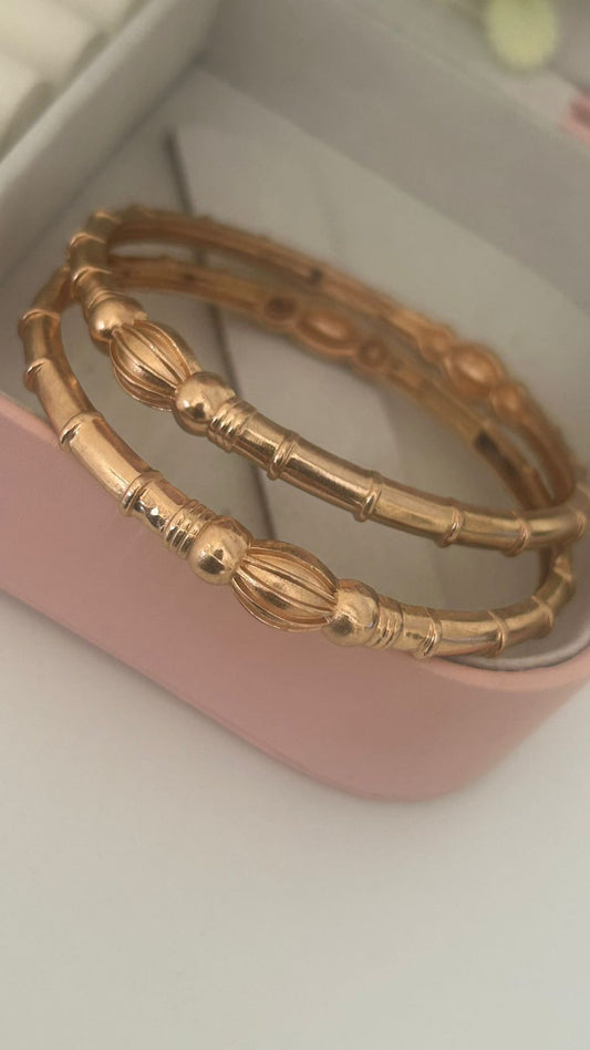 Divine Panchaloha Bangles – Pair of 2 | Ribbed Oval Symbol & Bead Pattern | Unpolished Temple Finish