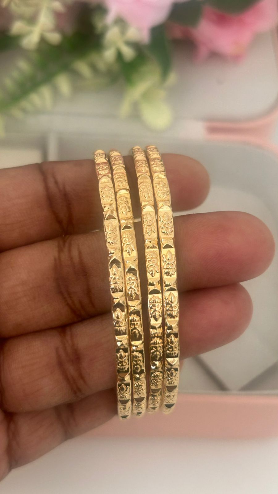 Traditional Panchaloha Bangles Pair of 4 | Unpolished Finish with Lotus & Temple Symbol Engravings
