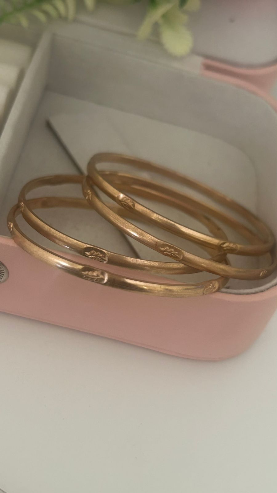 “Handmade Unpolished Panchaloha Bangles Pair of 4 – Minimal Gold Finish Leaf Pattern Temple Jewelry”