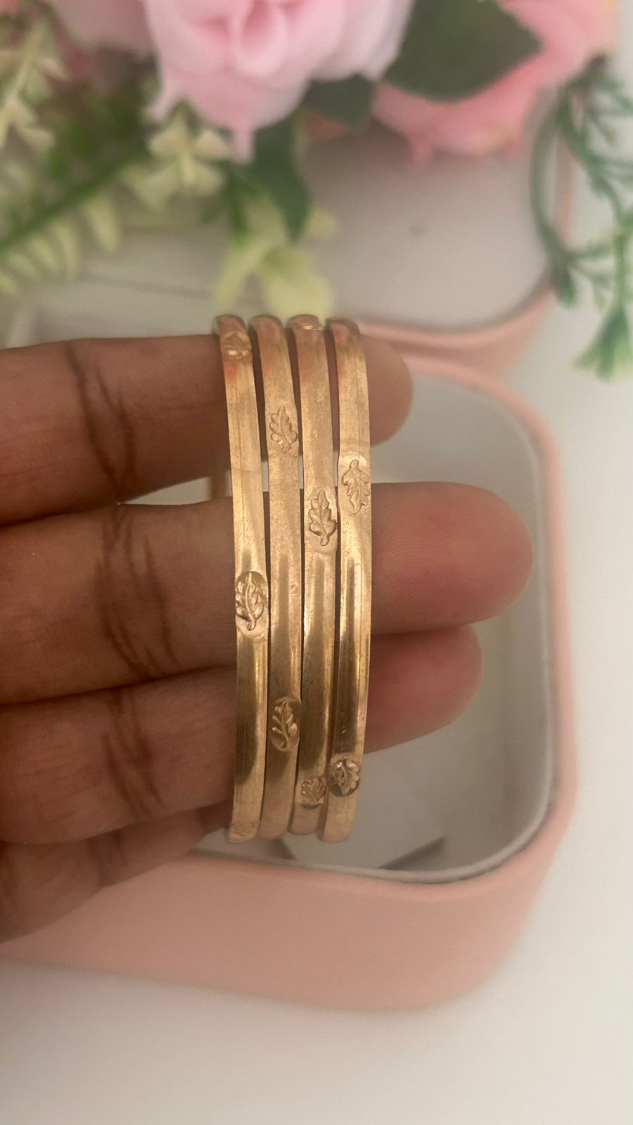 “Handmade Unpolished Panchaloha Bangles Pair of 4 – Minimal Gold Finish Leaf Pattern Temple Jewelry”