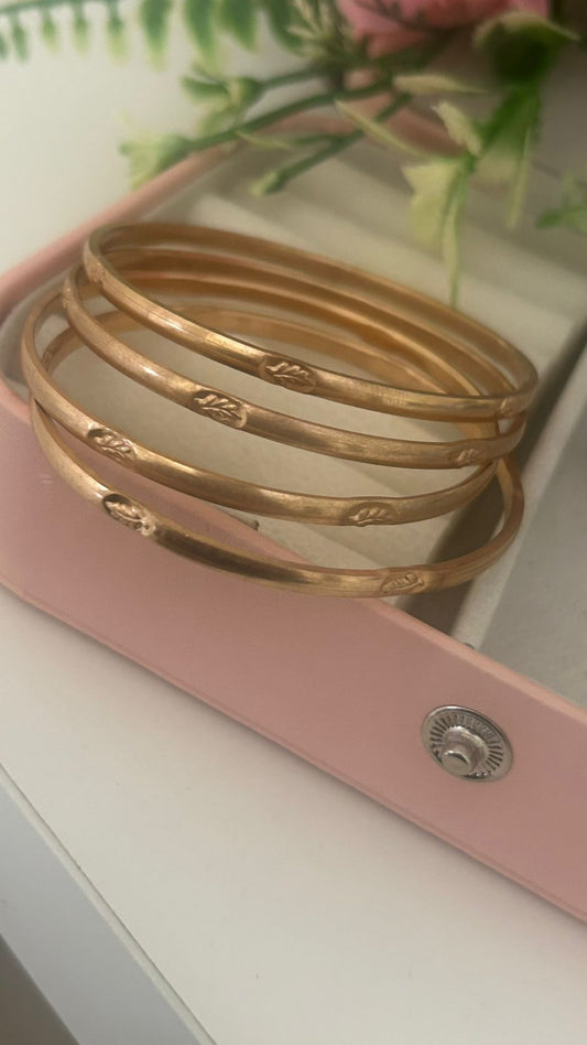 “Handmade Unpolished Panchaloha Bangles Pair of 4 – Minimal Gold Finish Leaf Pattern Temple Jewelry”