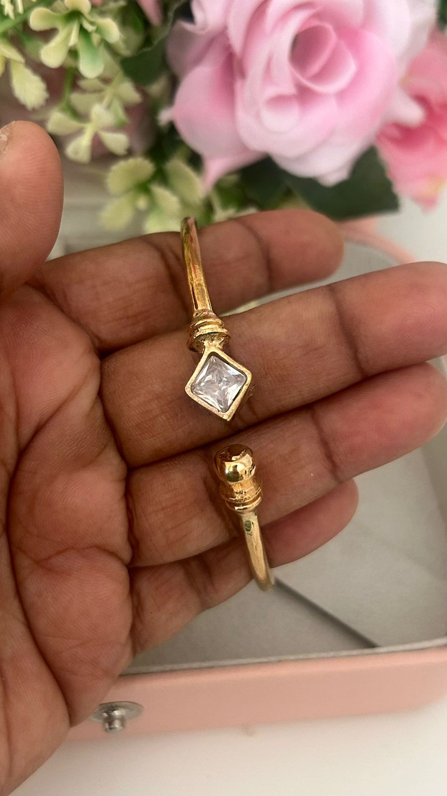 “ Panchaloha Adjustable Kada – Temple-Style Open Kada with Diamond-Shape Stone”