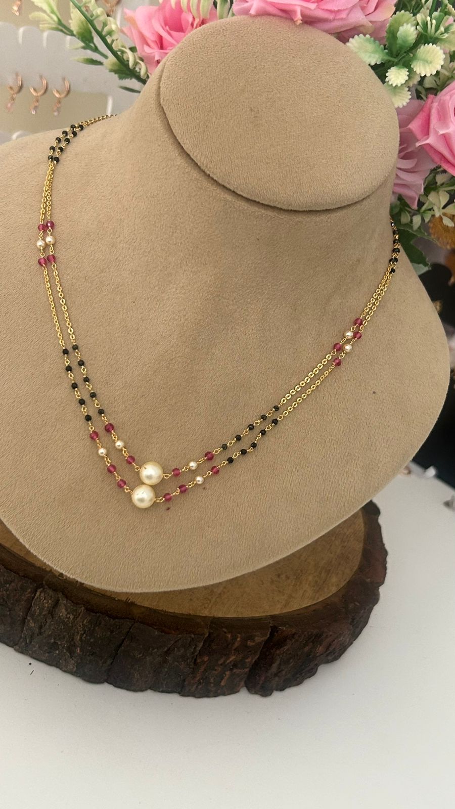 “Handcrafted Beads Chain – Black and Red Beaded Dual Strand Necklace with Pearls”