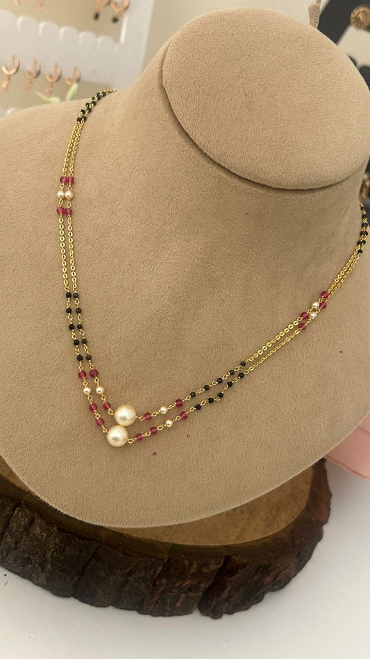 “Handcrafted Beads Chain – Black and Red Beaded Dual Strand Necklace with Pearls”