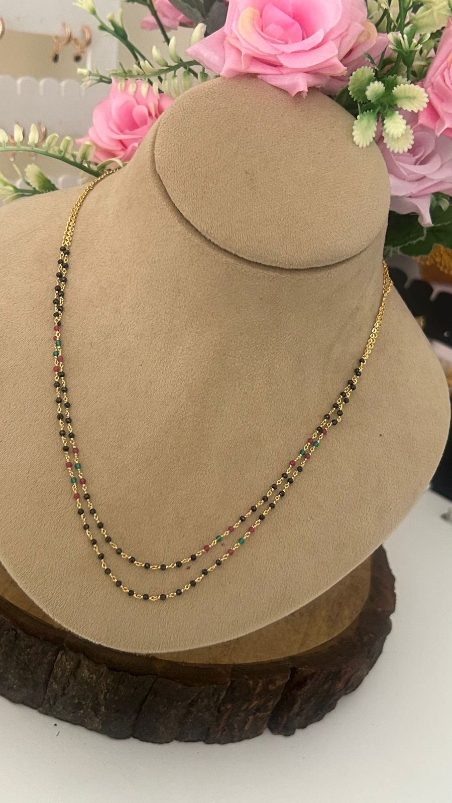 Traditional Dual Layer Beads Mala – Gold Finish Necklace with Black Beads & Gemstone Colors”