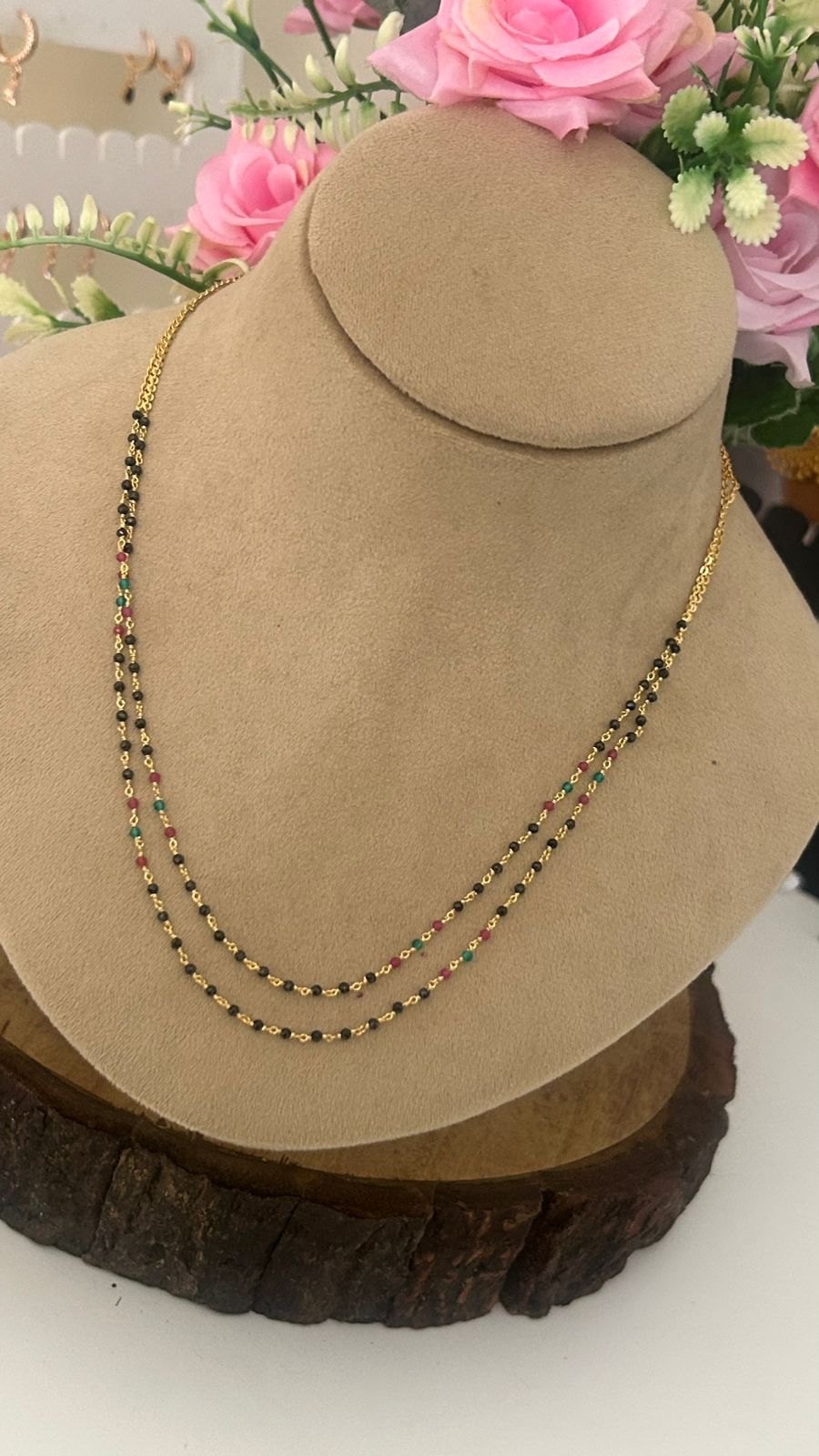 Traditional Dual Layer Beads Mala – Gold Finish Necklace with Black Beads & Gemstone Colors”