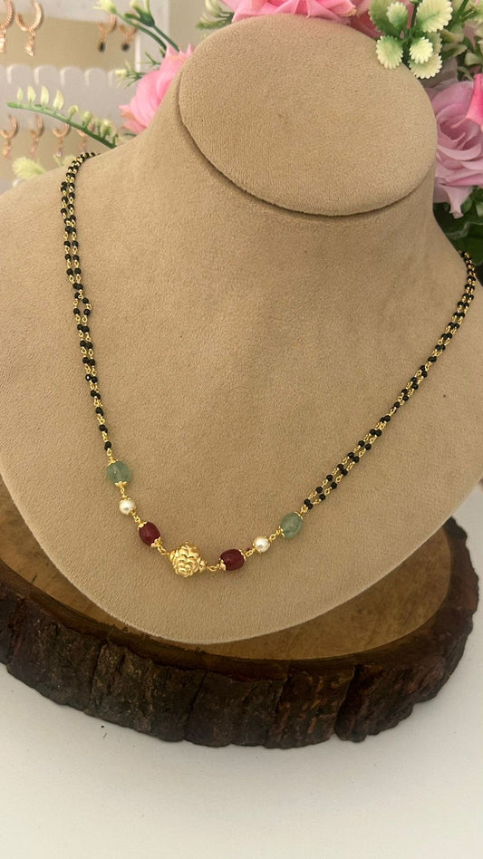 “Classic Mangalsutra Style Chain – Black Beads with Red and Green Stone Centerpiece