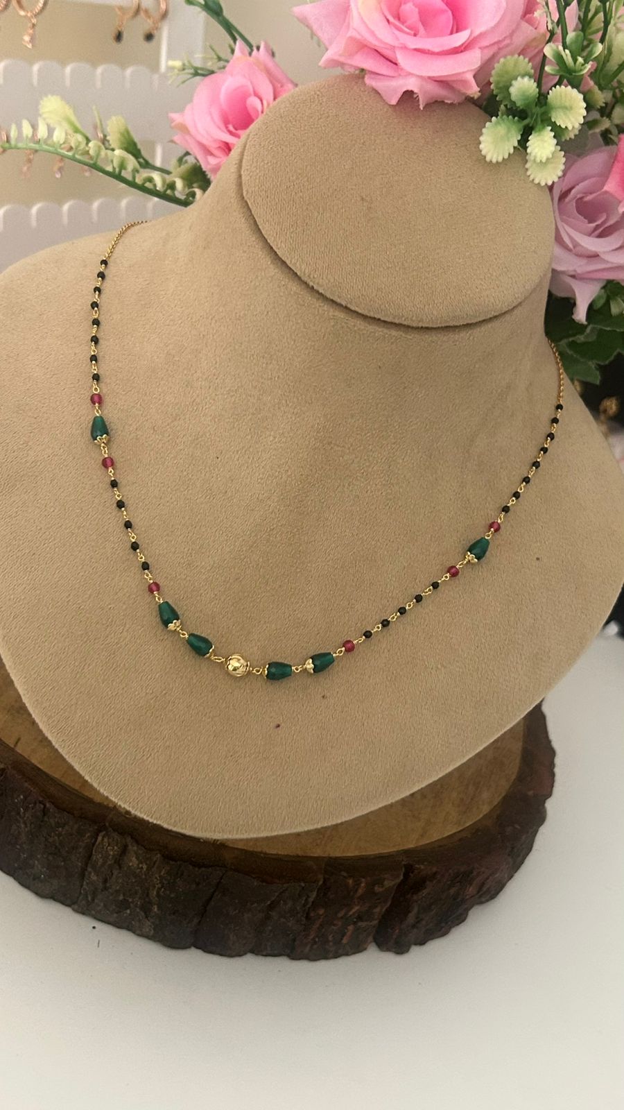 “Traditional Gold Beaded Chain – Black, Green & Red Beads Simple Mangalsutra Style”
