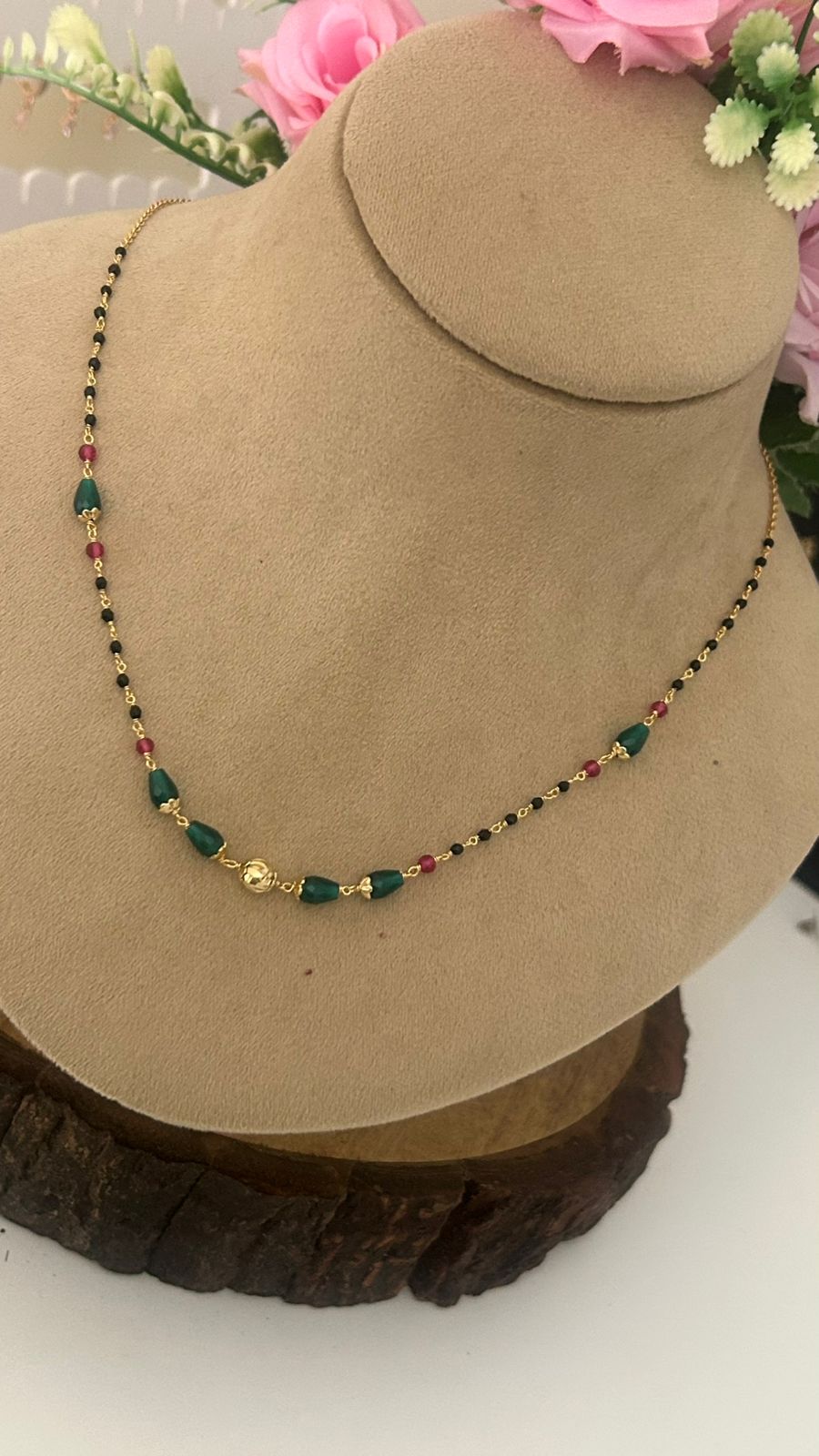 “Traditional Gold Beaded Chain – Black, Green & Red Beads Simple Mangalsutra Style”
