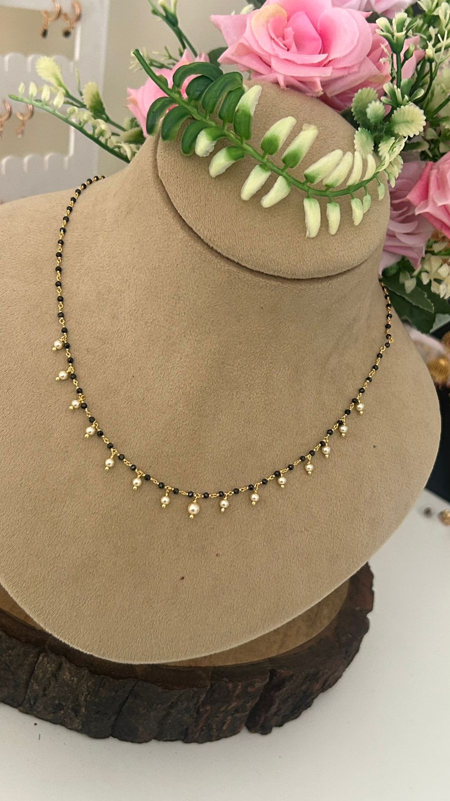 “Handcrafted Gold Beads Chain – Black Beads Necklace with Pearl Danglers