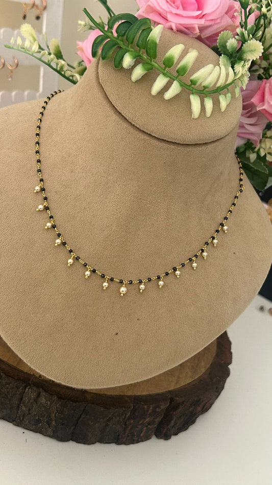 “Handcrafted Gold Beads Chain – Black Beads Necklace with Pearl Danglers