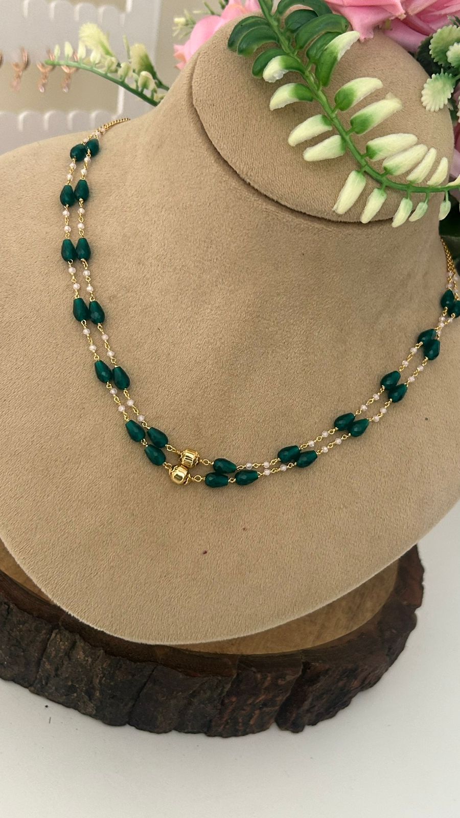 “Elegant Gold Beads Chain – Double Layer Necklace with Green and White Beads”