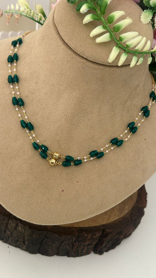 “Elegant Gold Beads Chain – Double Layer Necklace with Green and White Beads”