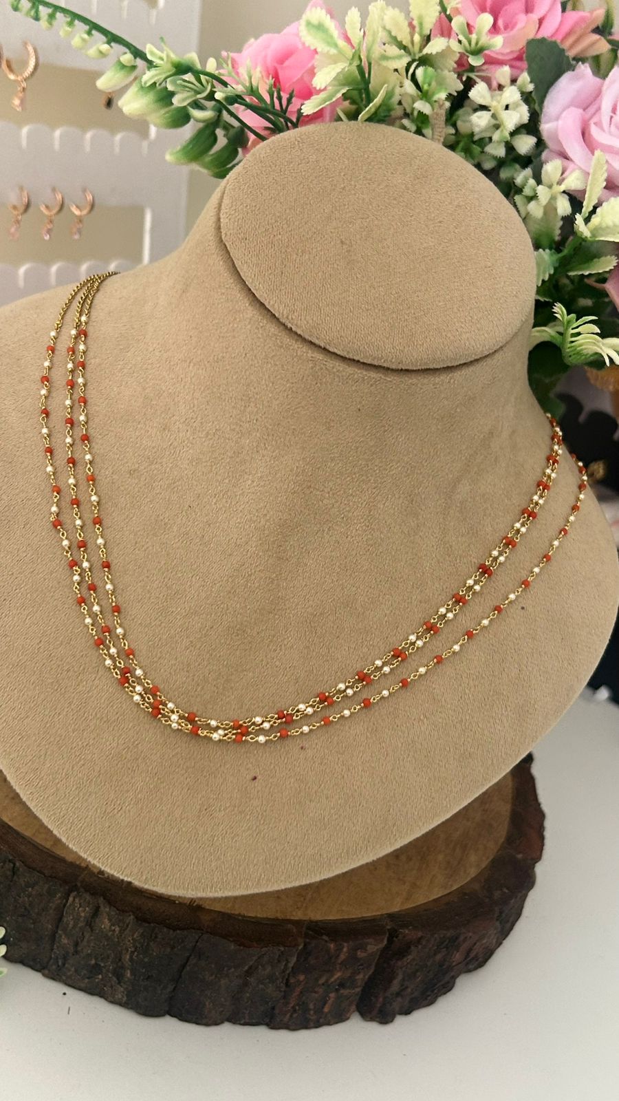 “Elegant Three-Layer Gold Beads Chain – Orange and White Beaded Traditional Necklace”