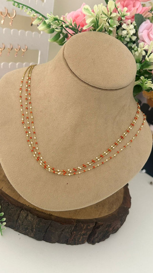 “Elegant Three-Layer Gold Beads Chain – Orange and White Beaded Traditional Necklace”