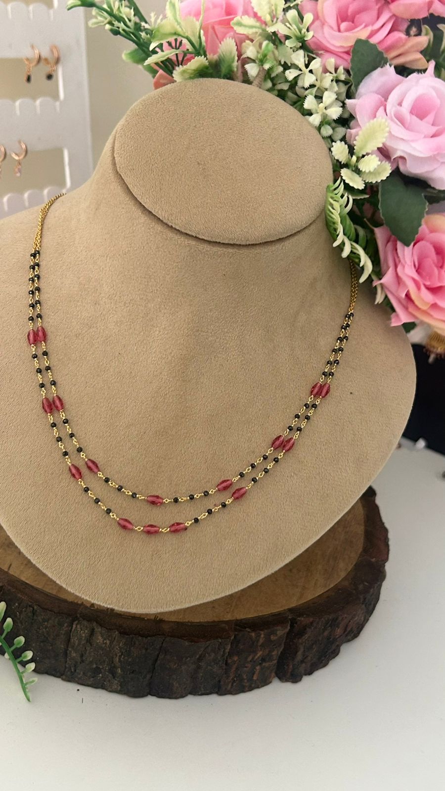 “Elegant Beads Chain – Gold Finish Dual Layer Necklace with Pink and Black Stones”