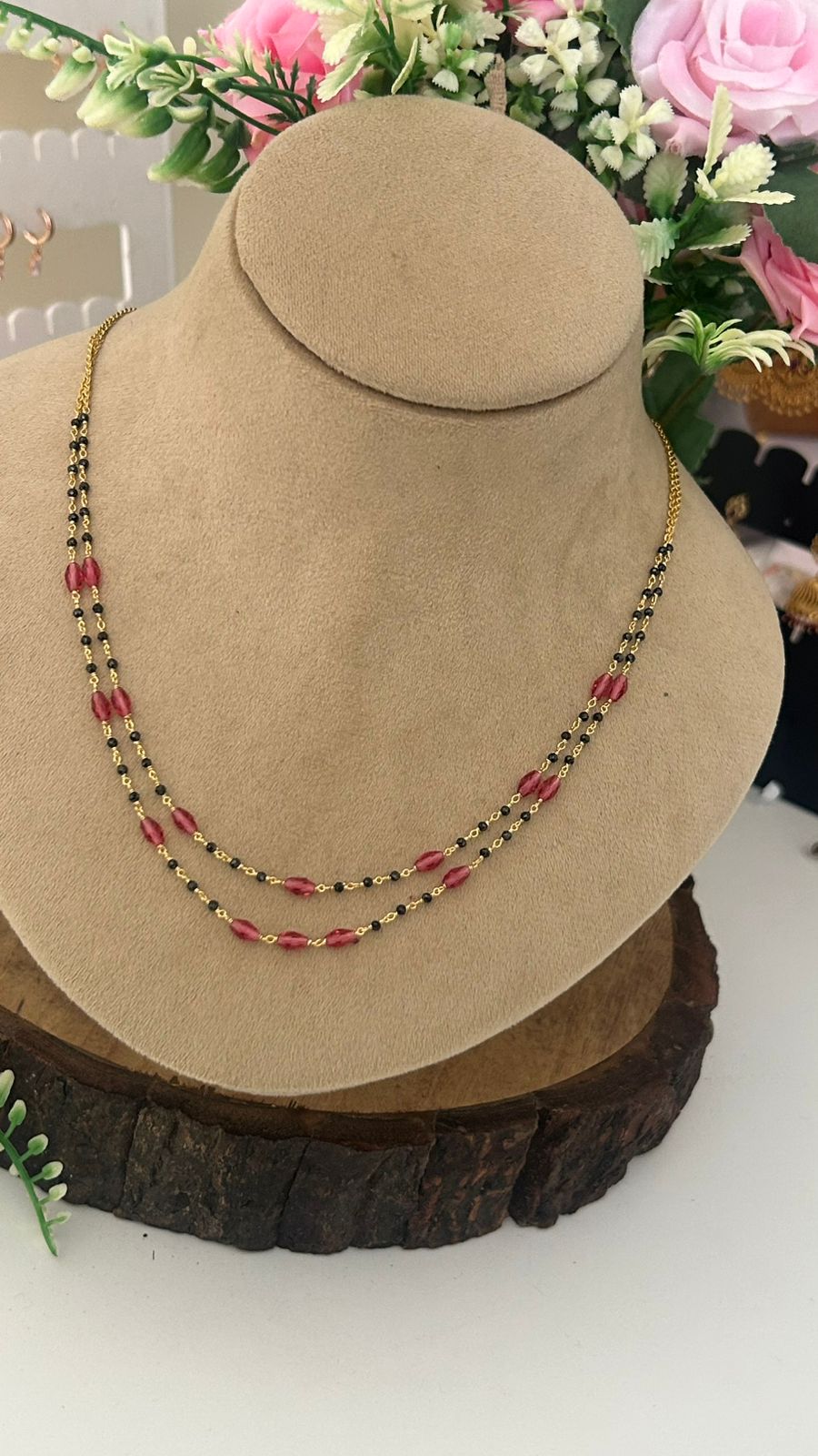 “Elegant Beads Chain – Gold Finish Dual Layer Necklace with Pink and Black Stones”