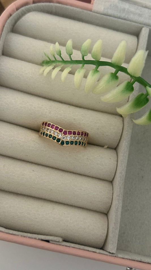 Traditional Panchaloham Multi-Stone V-Shaped Ring for Women