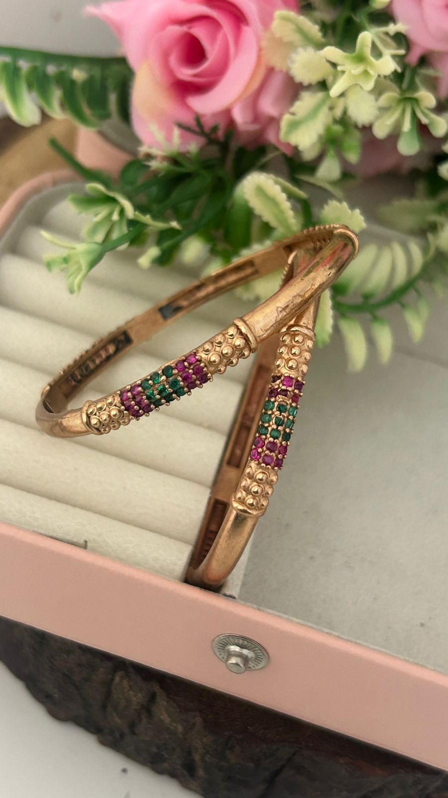 Classic Unpolished Panchaloha Bangles 2-Piece Set with Ruby & Green Stones